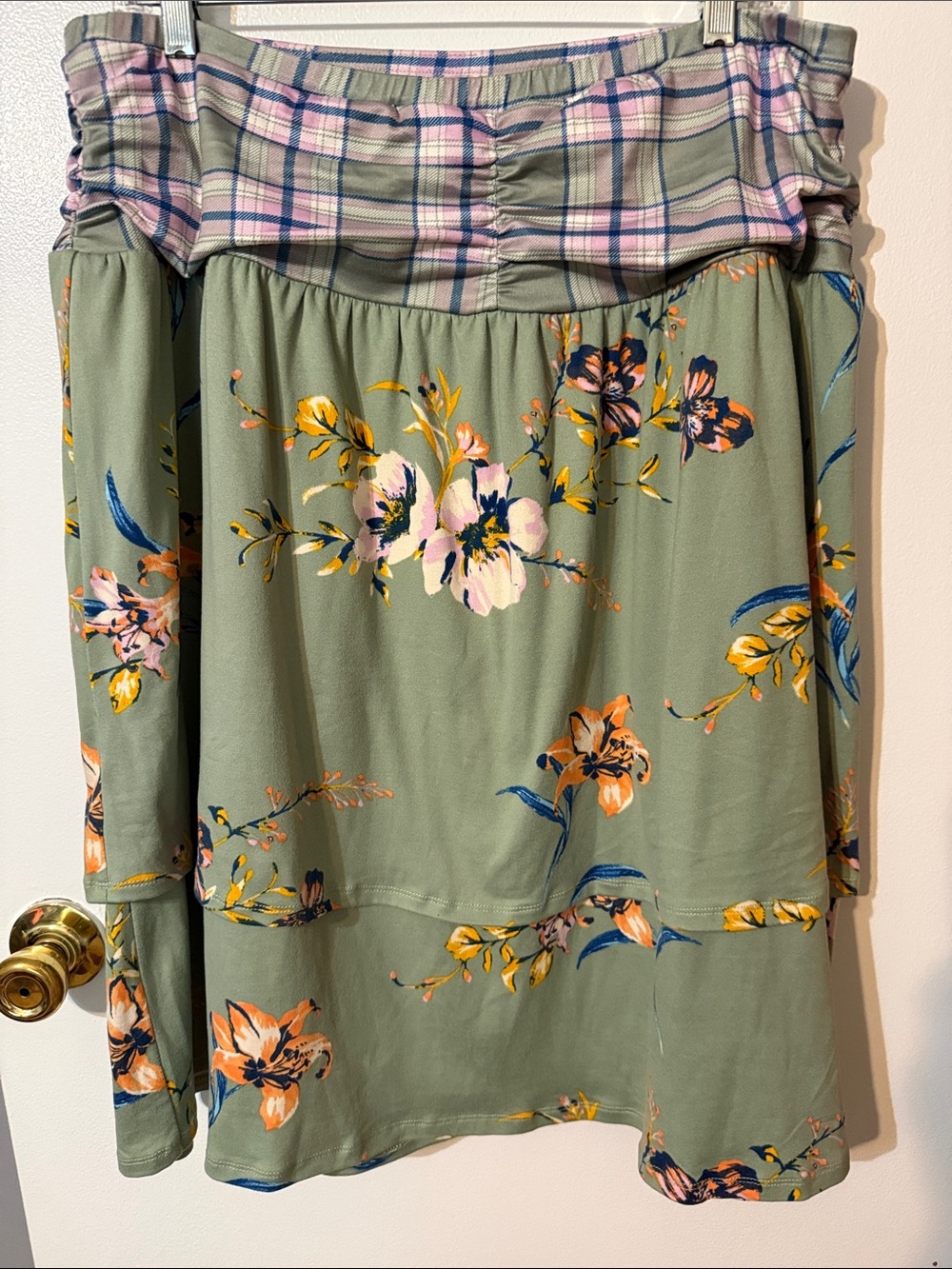 Cato Sage Green Floral A-Line Skirt with Plaid Waistband